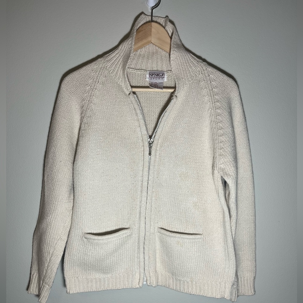PBJ Sport Cardigan Sweater Zip Up Ivory Cream Linen Wool Blend Size Small/P VTG